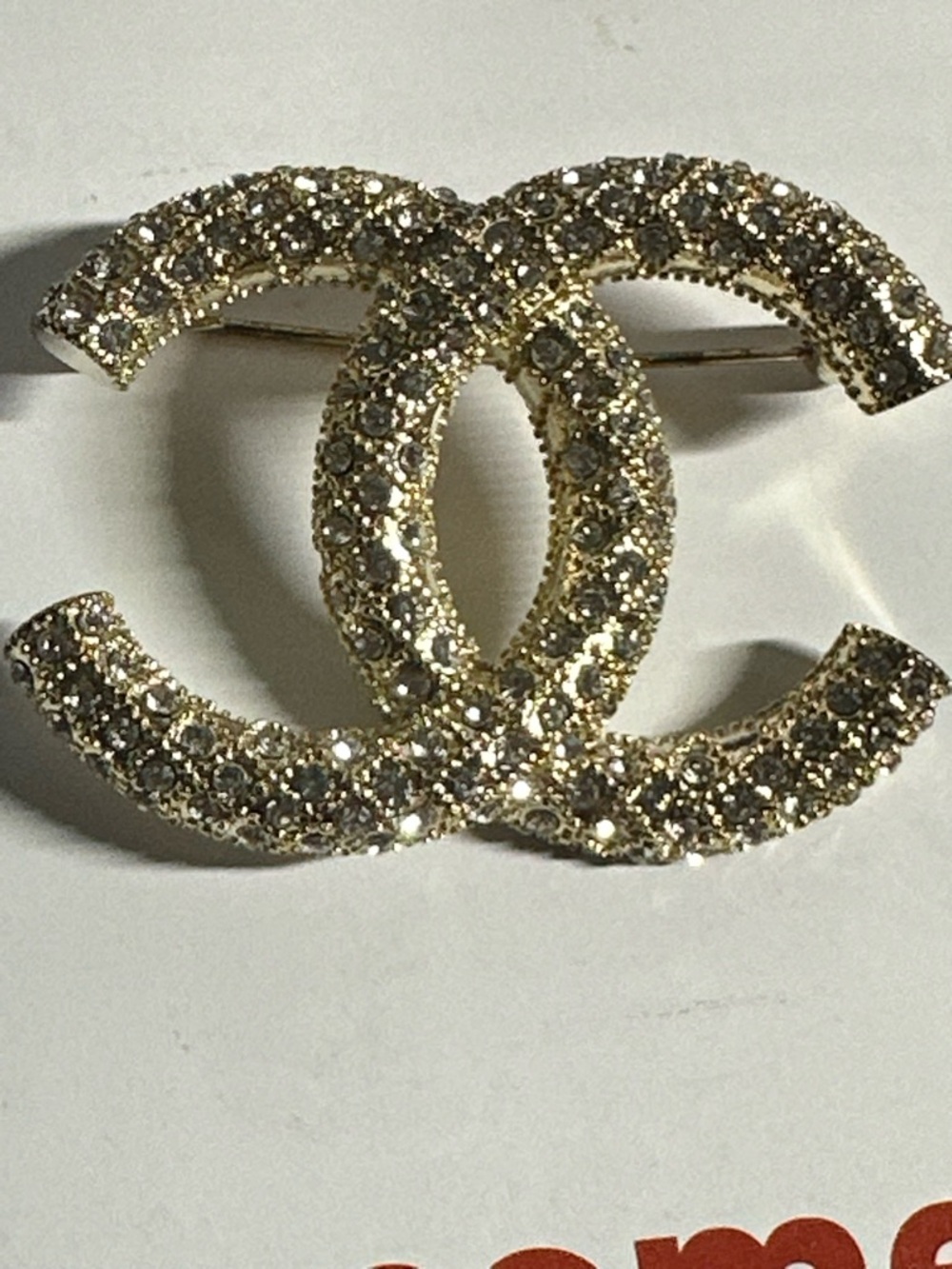 CHANEL Gold-Tone Crystal Embellished Double C Brooch - Picture 2 of 8